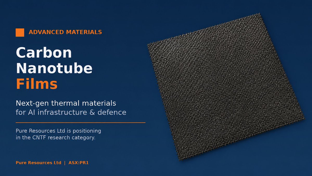 ASXPR1's tweet photo. $PR1 is positioning in the Carbon Nanotube Films (CNTF) space — an emerging advanced materials category attracting global research as AI data centres &amp; defence platforms drive demand for next-gen thermal management. R&amp;D program advancing. #ASX #AdvancedMaterials https://t.co/NBaZxLzZY6