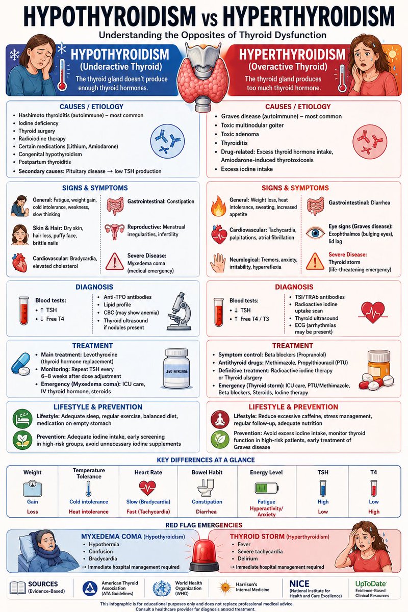 rpsingh1894's tweet photo. 🦋 THYROID DISORDERS: Know the Difference Between Hypothyroidism & Hyperthyroidism

Your thyroid controls metabolism, energy, heart rate, temperature & much more.
When hormone levels go too low or too high, the entire body is affected.

🔵 Hypothyroidism = Slow metabolism
🔴 Hyperthyroidism = Fast metabolism

Recognizing early signs can prevent serious complications like myxedema coma or thyroid storm.

Early diagnosis + proper treatment = healthier life. 💙

#Thyroid #Hypothyroidism #Hyperthyroidism #ThyroidHealth #Medicine #MedTwitter #MedicalEducation #Endocrinology #Healthcare #Doctor #HealthAwareness #MedEd