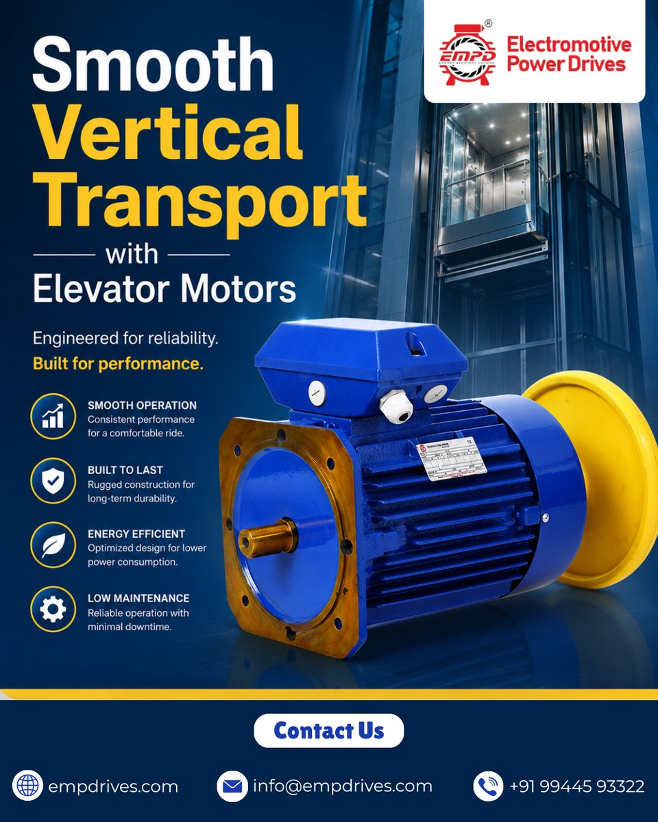 EMP_Drives's tweet photo. 🏢 Smooth Vertical Transport with Elevator Motors
Efficient and safe vertical movement is essential for modern buildings and industrial facilities. 
Elevator motors play a crucial role in ensuring safe lifting, stable speed control. https://t.co/U22QRhNs0F
