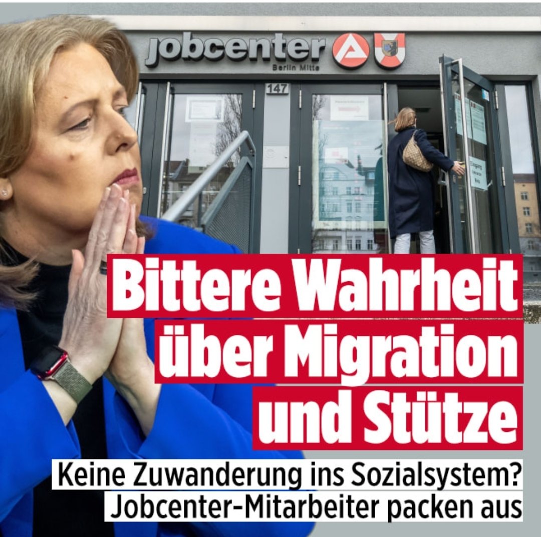 CLeiserfluss's tweet photo. 𝗛𝗔𝗠𝗠𝗘𝗥! "Es wandert niemand in unsere Sozialsysteme ein", so behauptete es Bärbel Bas (SPD) und trat damit den Jobcenter-Mitarbeitern, die tagtäglich die Realität ausbaden müssen, kräftig ins Gesicht.

↪️ Die Sachbearbeiter aus den Jobcentern, mit der die BILD anonym gesprochen hat, sind 𝗙𝗔𝗦𝗦𝗨𝗡𝗚𝗦𝗟𝗢𝗦. Ein irre großer Teil der neuen Bürgergeld-Fälle hat einen Migrationshintergrund. Viele kommen ohne Job, ohne ein Wort Deutsch und ohne jede Qualifikation (Unsere Fachkräfte) direkt aufs Amt.

↪️ Die 𝗡𝗼𝗿𝗺𝗮𝗹𝗶𝘁ä𝘁: Seit Jahren kein einziger Arbeitstag, Familien mit mehreren Kindern, in denen niemand arbeitet und kaum jemand eine echte Integrationsperspektive hat. Manche treten mit einer derartigen 𝗔𝗻𝘀𝗽𝗿𝘂𝗰𝗵𝘀𝗵𝗮𝗹𝘁𝘂𝗻𝗴 auf, dass den Mitarbeitern die Luft wegbleibt.

↪️ "Wir müssen jeden Tag die Folgen dieser Politik ausbaden", heißt es aus den Ämtern. Während Bas und die Bundesregierung die Lage schönreden und 𝗢𝗙𝗙𝗘𝗡𝗦𝗜𝗖𝗛𝗧𝗟𝗜𝗖𝗛 𝗟𝗘𝗨𝗚𝗡𝗘𝗡, stehen die Mitarbeiter alleingelassen da.

↪️ Die 𝗯𝗶𝘁𝘁𝗲𝗿𝗲 𝗪𝗮𝗵𝗿𝗵𝗲𝗶𝘁: Die Massenzuwanderung führt massenhaft in die Sozialsysteme. Wer das bestreitet, 𝗕𝗘𝗟Ü𝗚𝗧 𝗨𝗡𝗗 𝗕𝗘𝗧𝗥Ü𝗚𝗧 das eigene Volk.