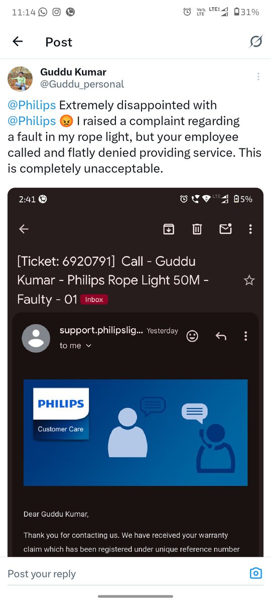 Guddu_personal's tweet photo. @Philips @philipsindia @AmazonHelp, I am still waiting for an update on Ticket: 6920791. I purchased this rope light from Amazon, but your team is denying service for a faulty product. This is highly disappointing. Please resolve this immediately https://t.co/uGz15NoJdC