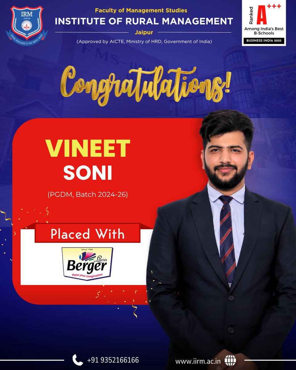 fmsirm's tweet photo. FMS-IRM proudly congratulates Vineet Soni (PGDM Batch 2024–26) on securing his placement with Berger Paints India Ltd..

Wishing him great success as he begins this exciting new chapter in his professional journey.

#FMSIRM #campusplacement #IIRM #BergerPaints #MBA #PGDM https://t.co/UvTTbMwDAP