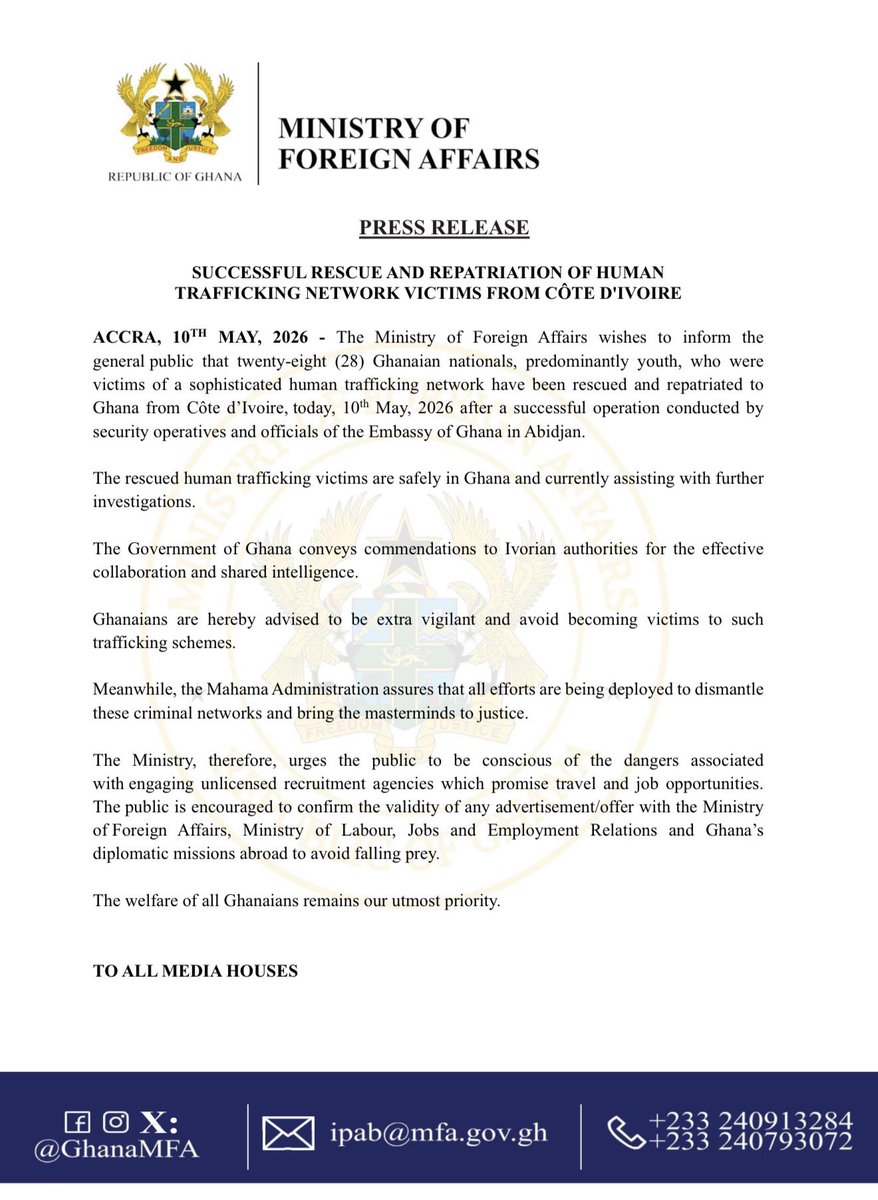 We have successfully rescued and repatriated 28 Ghanaians from Côte d’ Ivoire who were victims of a sophisticated human trafficking network. 

All 28 Ghanaians had been promised paradise in Europe by the traffickers after extorting huge sums of money from them. Thankfully, they