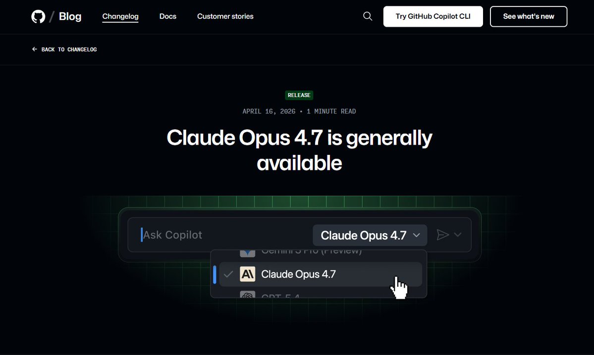 GitHub changelog screenshot showing Claude Opus 4.7 generally available in Copilot