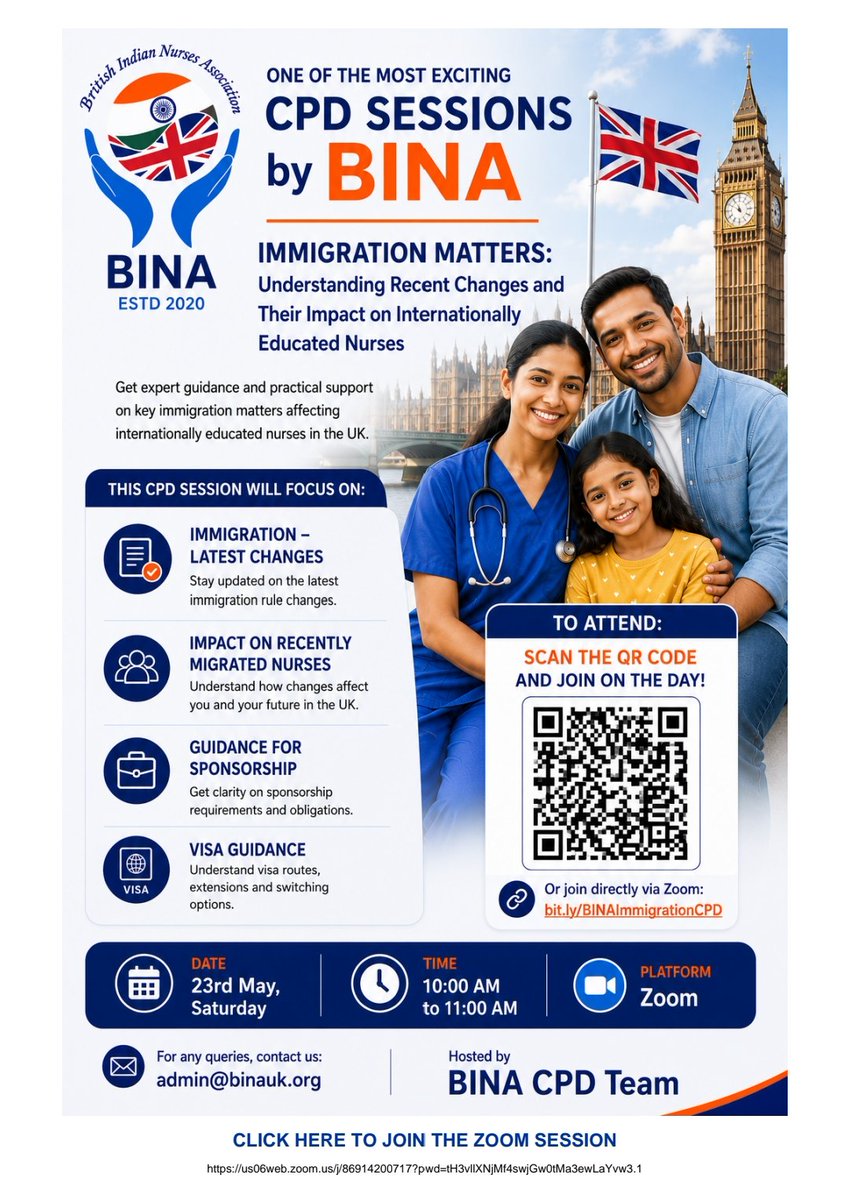 BINA_UK's tweet photo. 🚨 Immigration updates affecting internationally educated nurses in the UK. Don’t miss this important BINA CPD session.
📅 23 May | ⏰ 10 AM | 💻 Zoom
Scan the QR code or join here: https://t.co/V7mGWWjSHz 
#BINA #CPD #InternationalNurses #NHS https://t.co/3j6DJ258rU