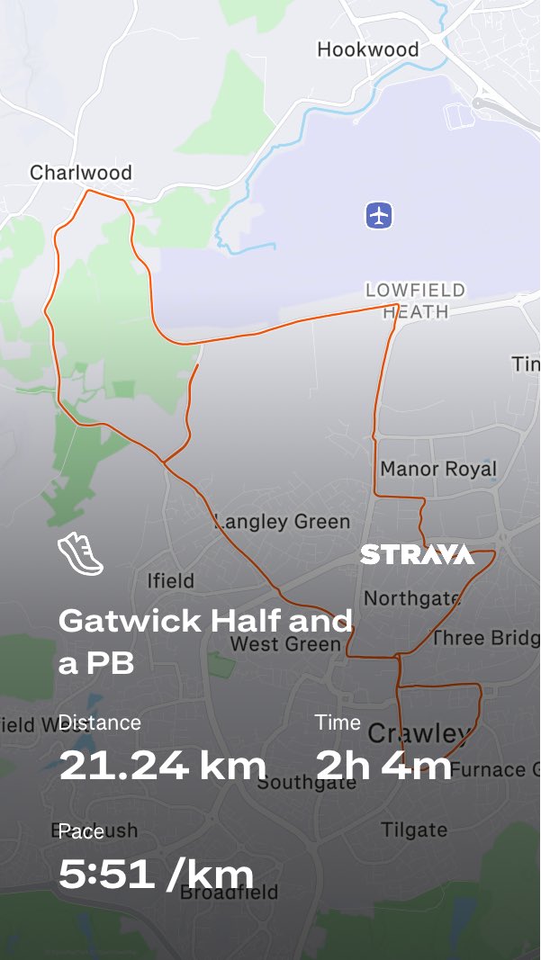 austenpma's tweet photo. @RunComPod Gatwick Half this weekend, lovely race finishing in 2:04 an 8 minutes pb #YourWeekendRuns https://t.co/FukqYV5CB1