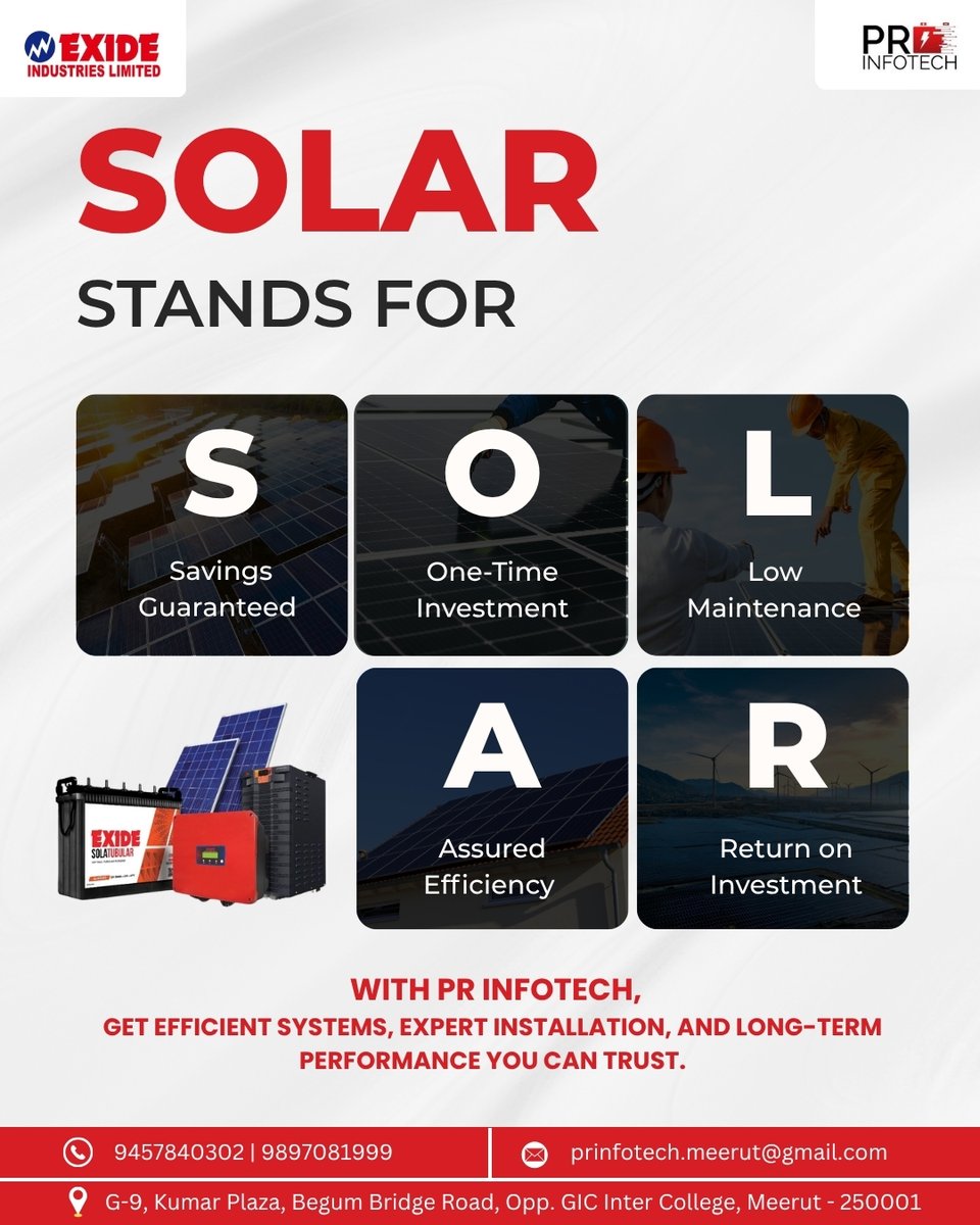 pr_infotech's tweet photo. We are proud to be an Authorized Exide Dealer in Meerut.

✅ Exide Solar Inverters
✅ Exide Solar Batteries
✅ Exide Solar Panels

Choose reliable solar systems with assured performance, long life &amp; maximum savings.

📞Call on - 9897081999 https://t.co/Ck4G6FDfHu