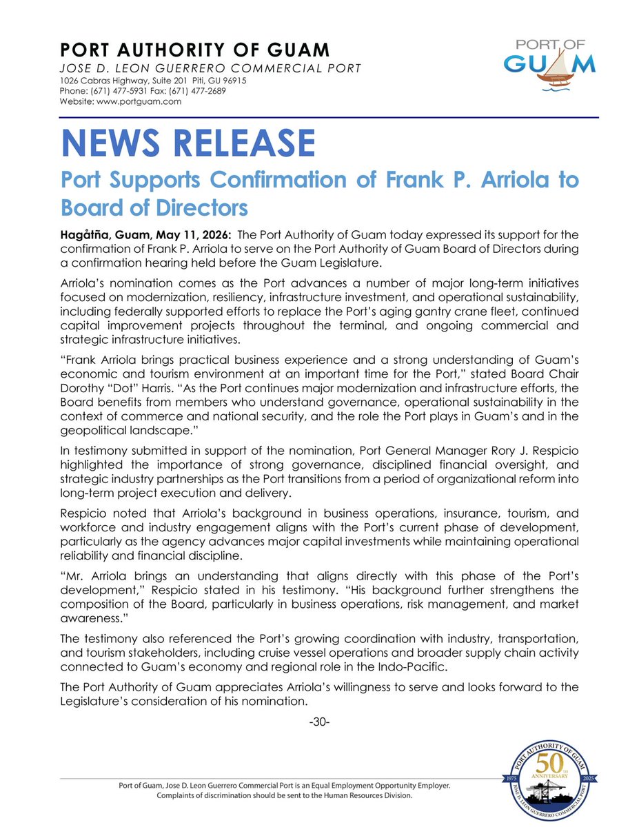 GuamPort's tweet photo. Hagåtña, Guam, May 11, 2026: The Port Authority of Guam today expressed its support for the confirmation of Frank P. Arriola to serve on the Port Authority of Guam Board of Directors during a confirmation hearing held before the Guam Legislature. https://t.co/XOt7ZqA88Q