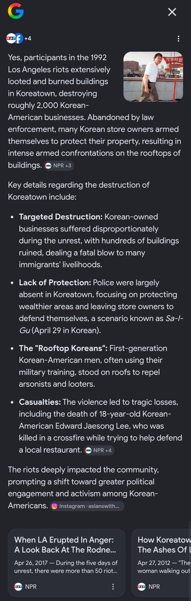Retari: "Mobs didn't try to burn down asian towns!"

"Ever heard of rooftop koreans?"

"They weren't trying to burn down buildings!"

Literally just denying recent history.