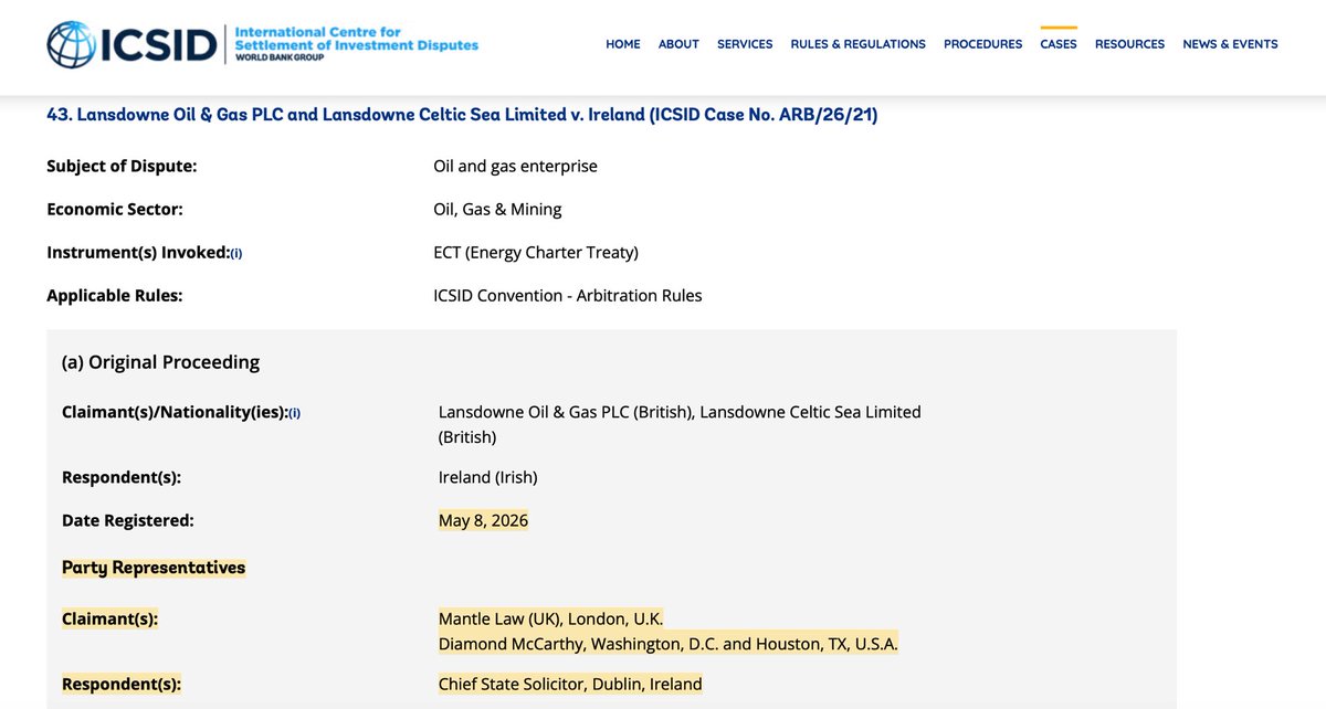 MarkWard18's tweet photo. Good to note Lansdowne’s ECT claim is now fully registered with the ICSID #Barryroe #LOGP #LRES https://t.co/eYgiNAgsLJ
