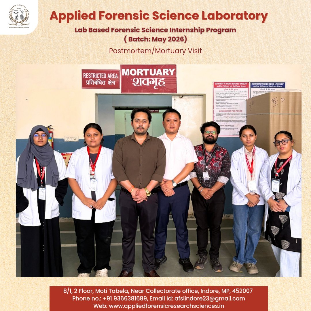 ForensicFor's tweet photo. 𝗙𝗼𝗿𝗲𝗻𝘀𝗶𝗰 𝗦𝗰𝗶𝗲𝗻𝗰𝗲 𝗜𝗻𝘁𝗲𝗿𝗻𝘀𝗵𝗶𝗽 𝗣𝗿𝗼𝗴𝗿��𝗺𝗺𝗲 🔎🕵️‍♂️
#autopsyvisit #postmortem #afsl #indore 

 AFSL trainees have done an Autopsy Visit at 𝐒𝐫𝐢 𝐀𝐮𝐫𝐨𝐛𝐢𝐧𝐝𝐨 𝐈𝐧𝐬𝐭𝐢𝐭𝐮𝐭𝐞 𝐨𝐟 𝐌𝐞𝐝𝐢𝐜𝐚𝐥 𝐒𝐜𝐢𝐞𝐧𝐜𝐞𝐬 (𝐒𝐀𝐈𝐌𝐒), 𝐈𝐧𝐝𝐨𝐫𝐞, 𝐌.𝐏 https://t.co/rcHJ6Of4e2