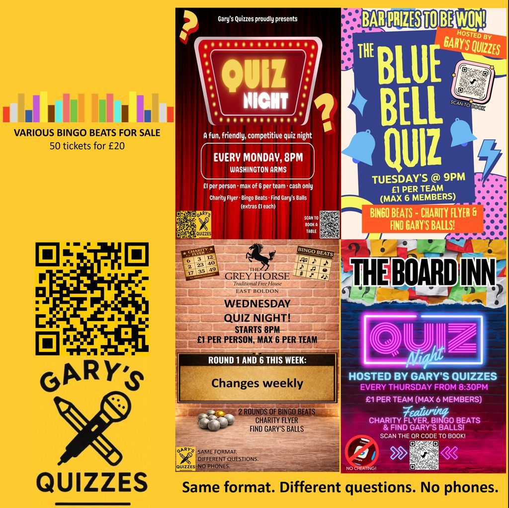 garysquizzes's tweet photo. 🧠 Quiz nights this week!

Mon — Washington Arms, 8:00pm
❓ What’s Missing
Tue — Blue Bell, 9:00pm
🔊 Sounds Like
Wed — Grey Horse, 8:00pm
💛 Yellow
Thu — Board Inn, 8:30pm
🍩 The Simpsons
🖊️ Team name theme:
The job interview went well until… https://t.co/WqP21DZdP8
