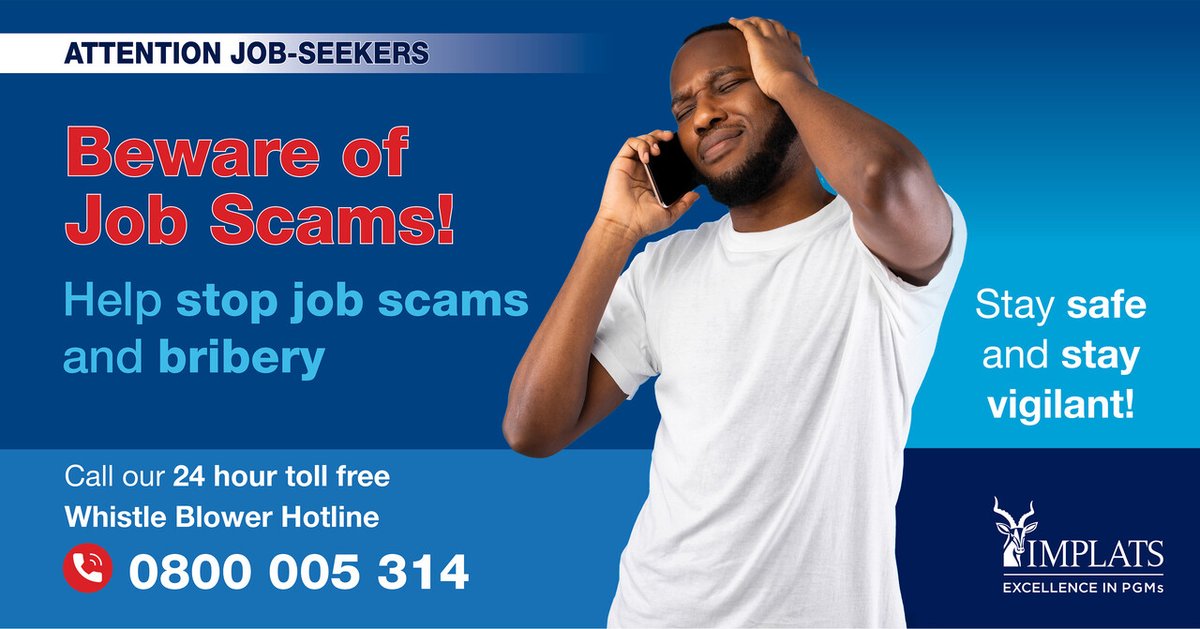Implats's tweet photo. Scammers are offering fake job positions. We never charge fees or request personal banking details.  Stay alert. Protect your information. https://t.co/FlwWO2IZKj