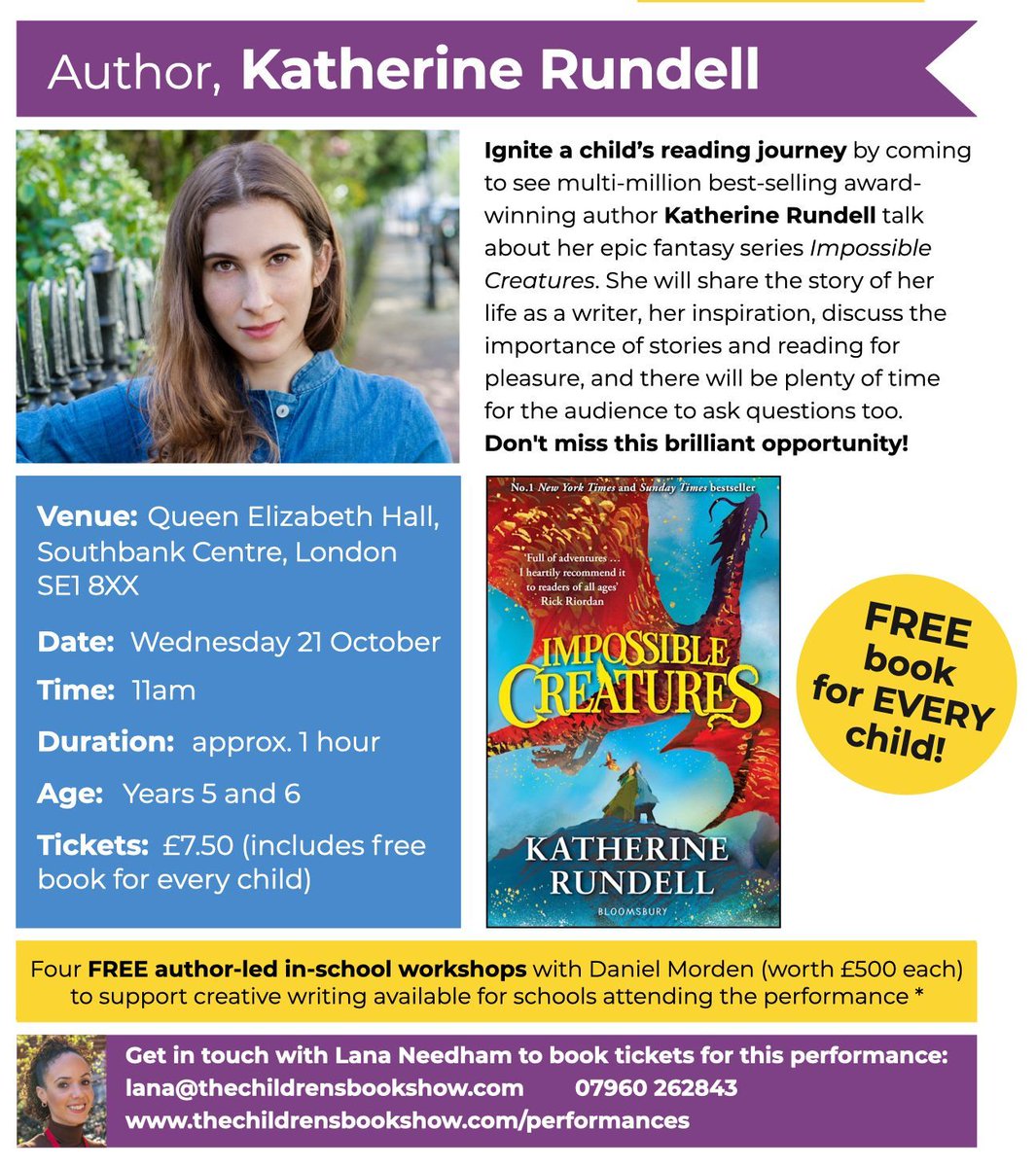 ChildrensBkShow's tweet photo. 📣 Join us at @southbankcentre on 21st Oct with the multi-million-bestselling author Katherine Rundell.
See the programme & book now 👉 https://t.co/d9umh7Hz02
@southbankcentre #LondonLiteratureFestival #ImpossibleCreatures https://t.co/XpvnggAgBM