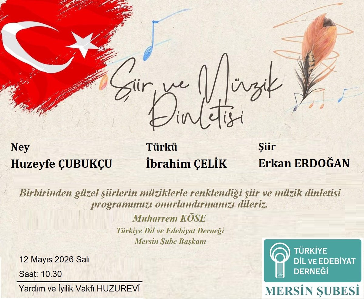mersintded's tweet photo. MÜZİK VE ŞİİR DİNLETİSİNE DAVET
TDED Mersin şubesi olarak Salı günü saat 10.30'da müzik ve şiir dinletisine davetlisiniz.

Huzurevinde büyüklerimizle birlikte bu güzel faaliyete katılacak dostlar önceden isim bildirirlerse memnun olurum.
@erdemekrem
@mustafaerimm @muharremkose33 https://t.co/h1ESa2fwaT
