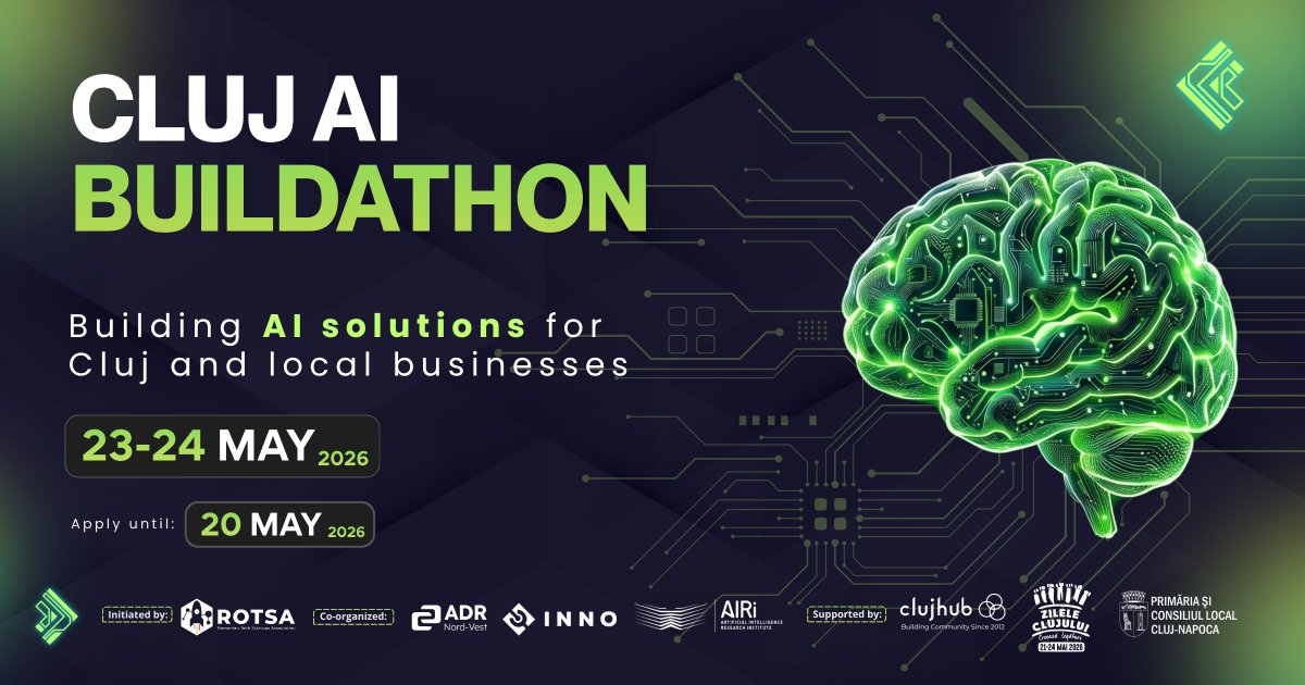 UBBTechTransfer's tweet photo. 💻🧱 Ce poate construi o comunitate în 48 de ore?
Cluj AI Buildathon este un sprint practic de AI organizat în Cluj-Napoca, unde dezvoltatori, designeri și builderi creează soluții pentru probleme reale. 
📍 ClujHub
 📅 23–24 mai
 ⏳ Deadline- 20 mai
🔗 https://t.co/aSzsyuPyKg https://t.co/KZ7q3KnZ5q