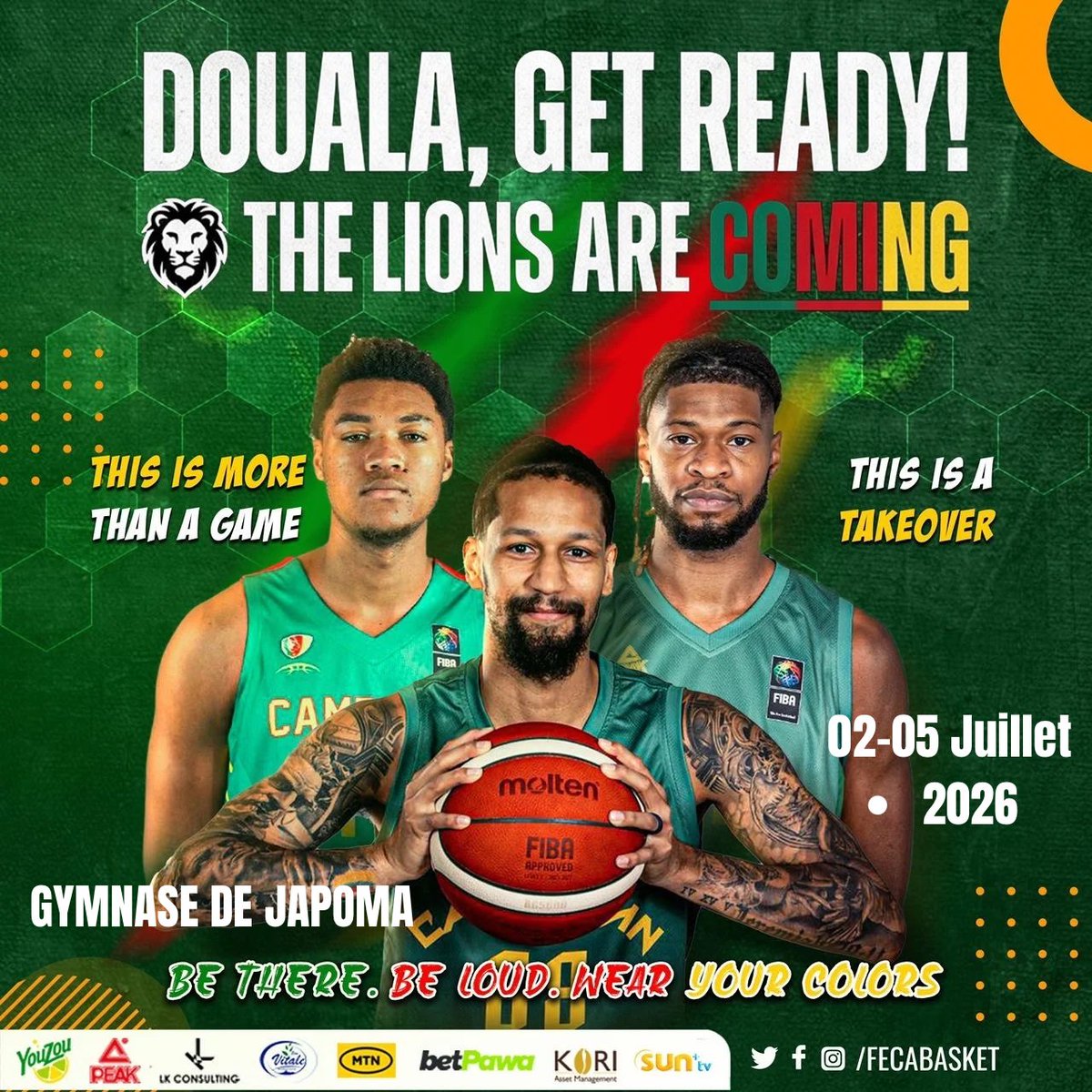 FECABASKET's tweet photo. FIBA BASKETBALL WORLD CUP AFRICAN QUALIFIERS

📆 02-05 July 2026
📍 Gymnase de JAPOMA, Douala 

Douala, are you ready? The Lions are coming to town for a basketball showdown you cannot afford to miss! 🦁🏀

#FecaBasket #TheLionsAreComing #Douala #CameroonBasketball #BeLoud https://t.co/qC4RGNfoV0