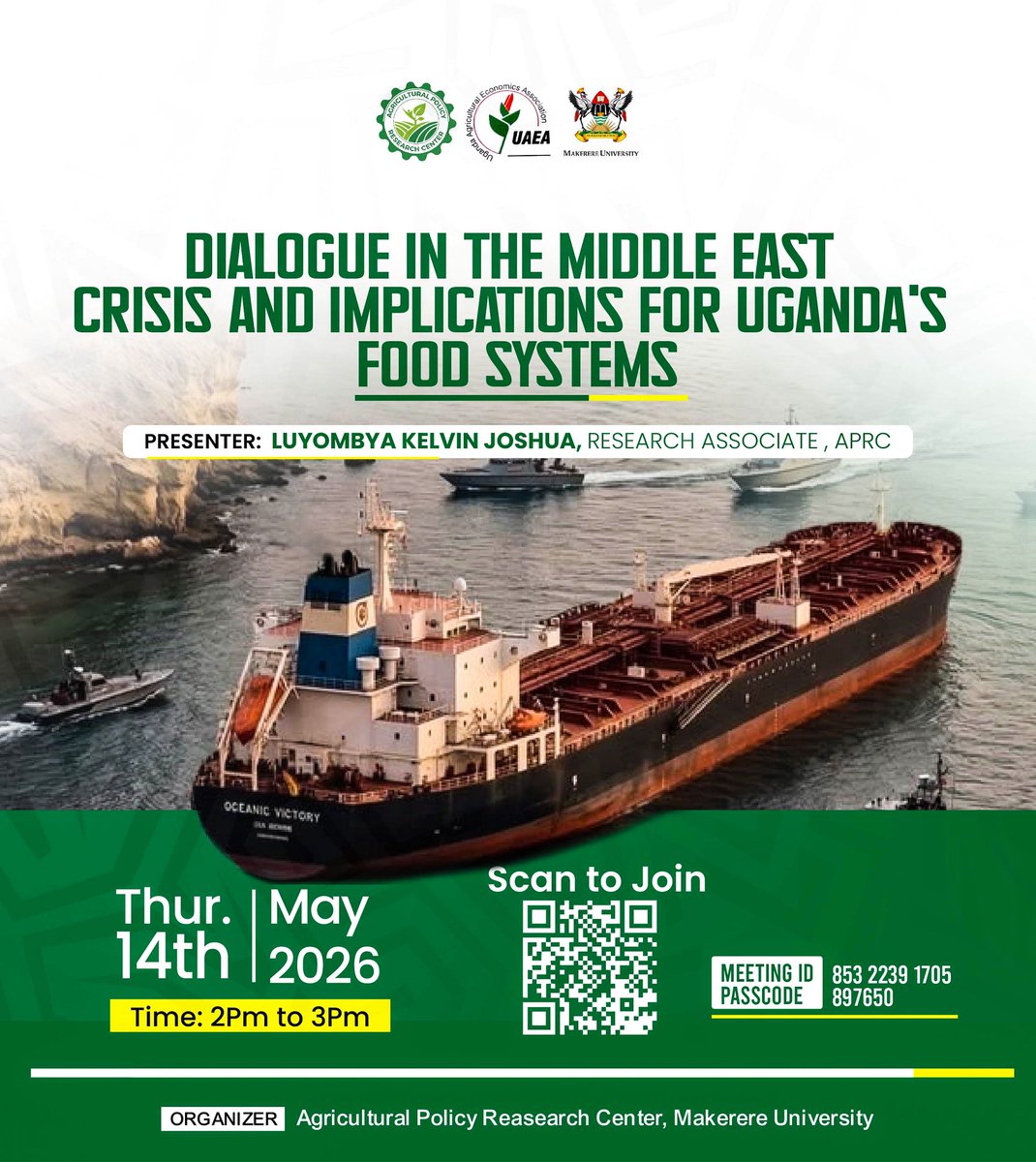 APRC_UG's tweet photo. How does the crisis in the Middle East affect food security here in Uganda? 

Don’t miss this expert session by @JoshuaLuyombya  of the Agricultural Policy Research Center (APRC).

🗓 May 14th | 2 PM - 3 PM 💻 Meeting ID: 853 2239 1705 🔑 Passcode: 897650

See you there! https://t.co/lq6NeTJWum