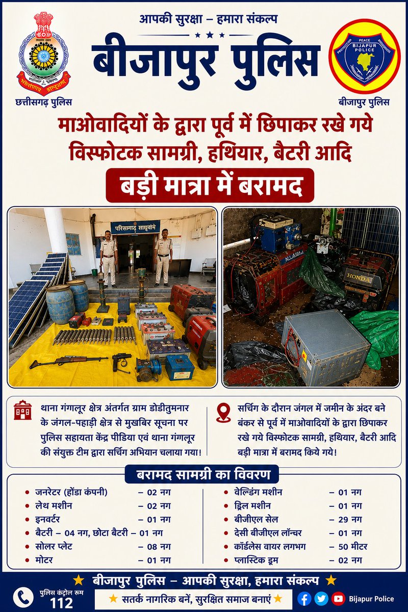 थाना गंगालूर क्षेत्रान्तर्गत डोडीतुमनार पटेलपारा पहाड़ी क्षेत्र में माओवादियों के द्वारा पूर्व में छुपाकर रखे गये विस्फोटक सामग्री, हथियार, बैटरी आदि बड़ी मात्रा में बरामद
#bijapurpolice #dumprecover