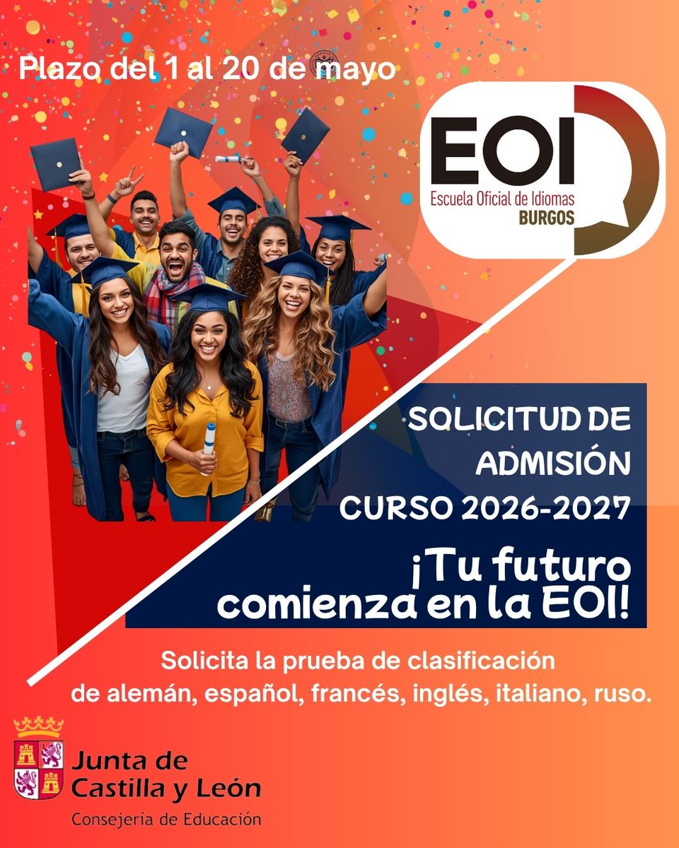 EOIBurgos's tweet photo. 📢💬 Los 6 idiomas que puedes estudiar y practicar en la EOI de Burgos son: alemán, español, francés, inglés, italiano y ruso. 🤩
📢 Hasta el 20 de mayo, abierto el plazo de solicitud de admisión en la EOI para el curso 2026-2027. 
https://t.co/DbwVYYl184 https://t.co/MNaR1lZ2LZ
