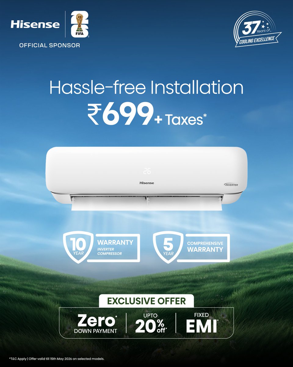Hisense_IND's tweet photo. Cool comfort made easy.❄️
Get hassle-free #HisenseAC installation at just ₹699 + taxes*.
Enjoy Zero* Down Payment, up to 20% off* and Fixed EMI.
*Offer valid till 15th May 2026.
*T&C apply.
#HisenseIndia #CoolingExcellence #SummerReady #HassleFreeInstallation #SmartCooling https://t.co/Ym2xoZUpwt