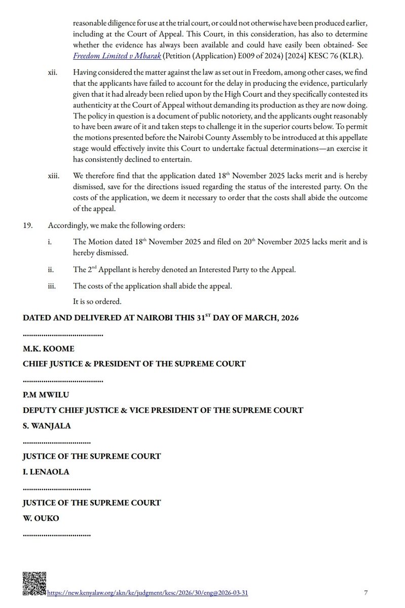 Thuranira_1's tweet photo. The Supreme Court of Kenya has held that an interested party cannot appeal where none of the principal parties has done so, emphasizing that such parties cannot suddenly transform themselves into substantive litigants on appeal.  

The case involved a dispute over a proposed 16-storey residential development on Mbaazi Avenue in Lavington, Nairobi. The Mbaazi Avenue Residents' Association and Millennium Gardens Management Limited challenged the project, arguing it violated their constitutional right to a clean environment and ignored zoning restrictions for the low-density area. They sought to stop the construction, claiming the Court of Appeal incorrectly relied on an unapproved development policy to justify the high-rise buildings.  

The Supreme Court dismissed the application for conservatory orders, ruling that any potential environmental harm could be remedied through damages or future restoration orders rather than halting construction. The Court also rejected the request to introduce new evidence regarding the development policy, noting the applicants failed to provide it during earlier proceedings despite its public nature. While the Court affirmed its jurisdiction to hear the main appeal, it ordered that the Residents' Association be demoted from "appellant" back to "interested party".