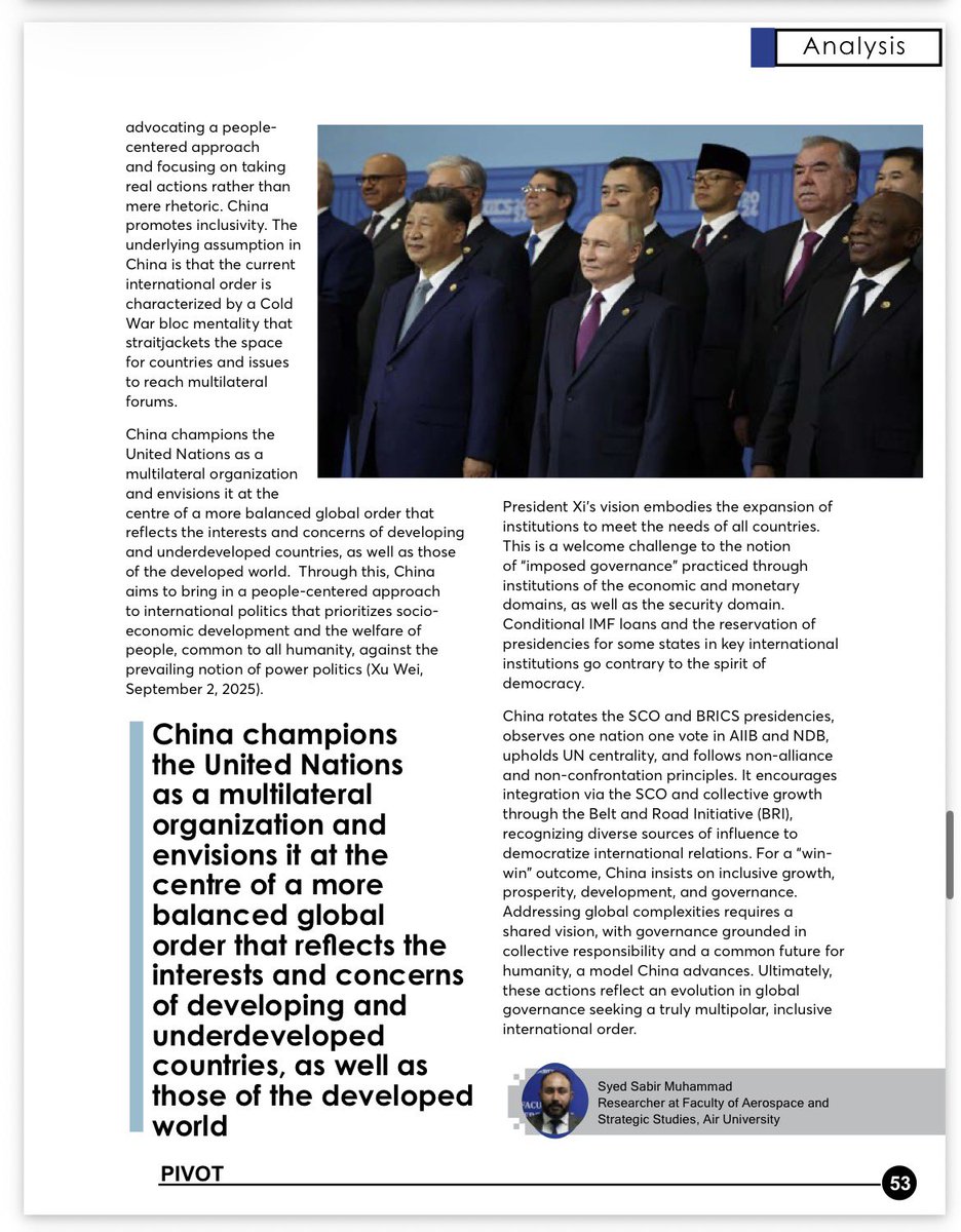 Pivot_ISSI's tweet photo. Syed Sabir Muhammad assesses China’s approach to multilateralism within a transforming geopolitical landscape, emphasizing institutional cooperation, collective security, and the pursuit of sustainable global governance. https://t.co/v86YbUu8Ia