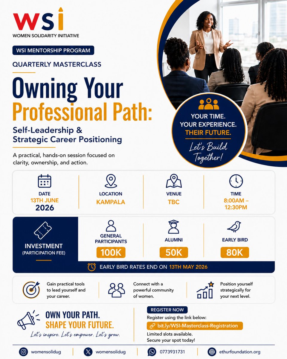 womensolidug's tweet photo. We’re underway with preparations for our Masterclass!
Every detail is coming together, and we’re excited for the impact this experience will bring.
Sign up for our Masterclass happening on 13th June 2026
Call/WhatsApp: 0773 931 731 to secure your spot
#wsimentorshipprogram https://t.co/YHFfgLYHNK