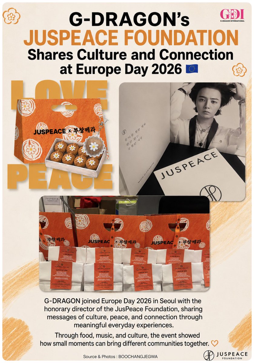 G-DRAGON’s JUSPEACE FOUNDATION Share Culture and Connection at Europe Day 2026

At Europe Day 2026 in Seoul, G-DRAGON joined with the  honorary director of the JusPeace Foundation, helping spread messages of unity, culture, and meaningful connection through everyday experiences.