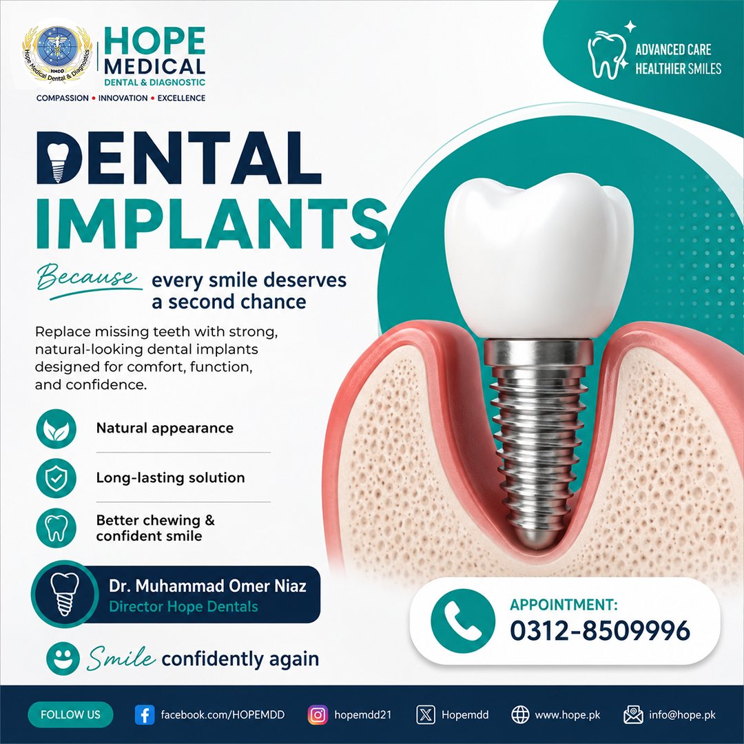 Hopemdd's tweet photo. Missing teeth can affect your confidence and daily life. 🦷

Get advanced dental implant care at Hope Medical Dental &amp; Diagnostic

📍 Rawalpindi Cantt
📞 0312-8509996

#DentalImplants #DentalCare #HealthySmile #SmileAgain #Dentist #Rawalpindi #OralHealth https://t.co/pNnTj0eUPI