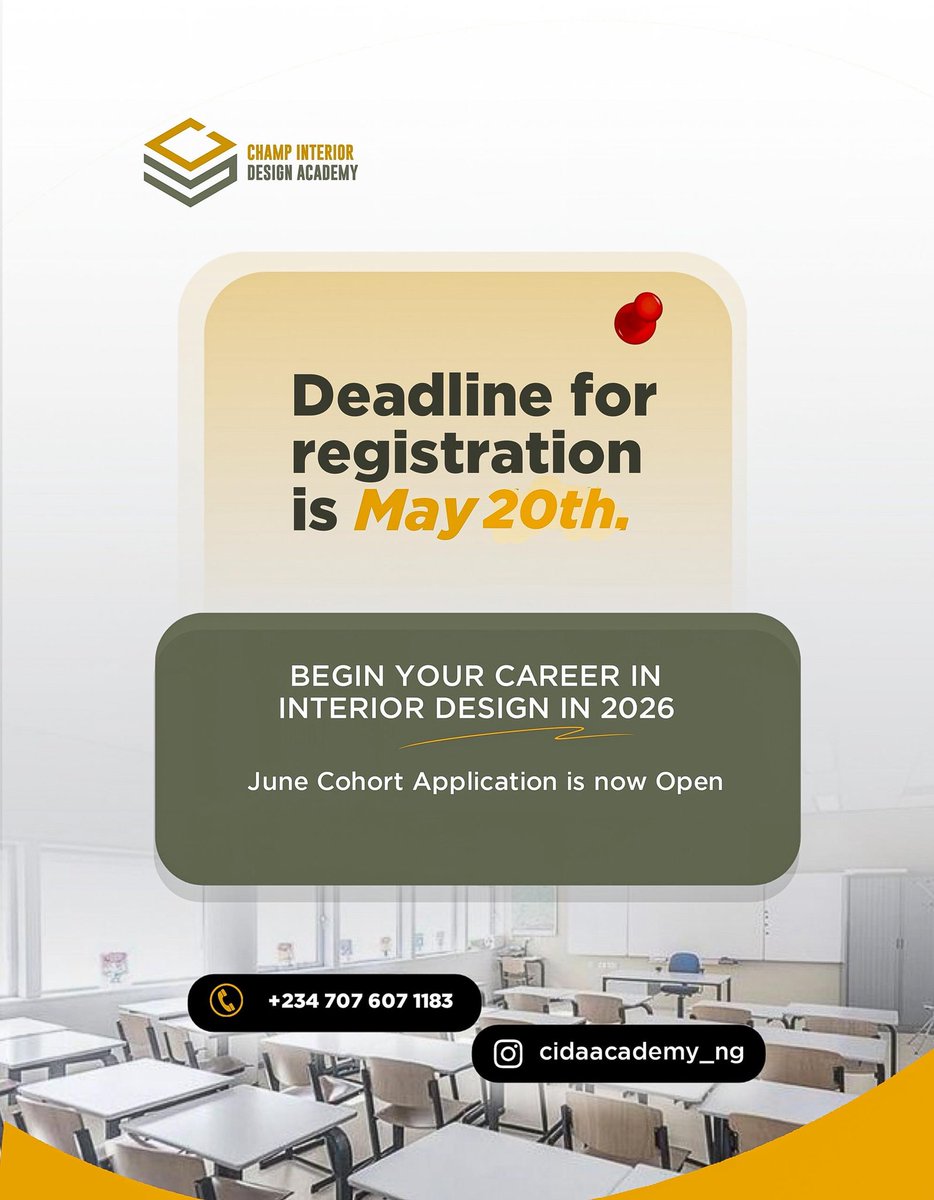 champinteriors's tweet photo. Your journey into the world of Interior Design starts here.

The CIDA June 2026 Cohort Application is officially open, and this is your opportunity to learn industry-relevant skills, build practical experience, and grow under the guidance of professionals actively shaping the https://t.co/aDu5QFG9Zv