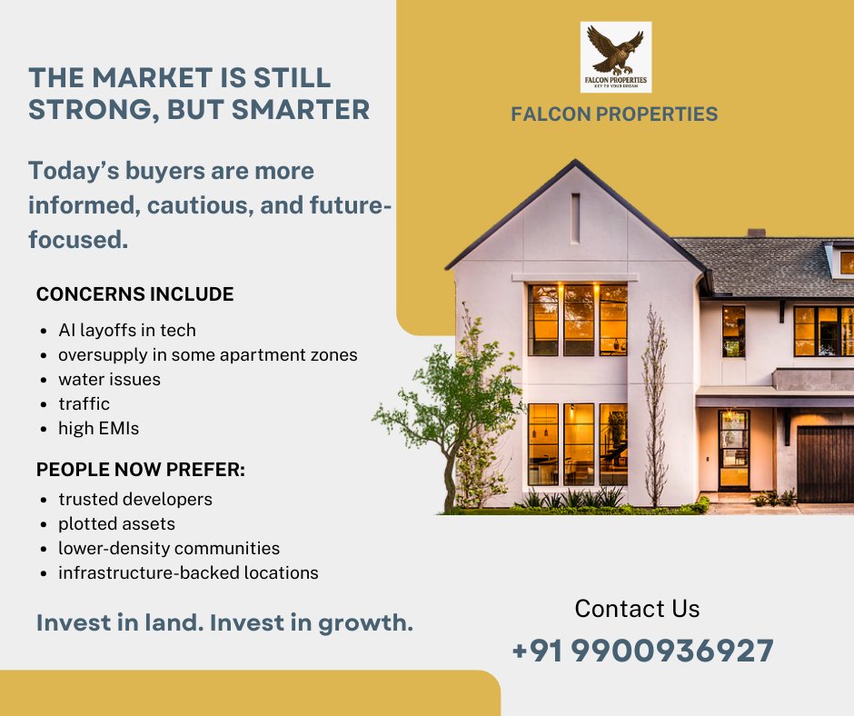 HelloFalcon's tweet photo. Concerns in today’s market:
• AI layoffs in tech
• Oversupply in some apartment zones
• Water issues
• Traffic congestion
• High EMIs
That’s why buyers now prefer:
 Trusted developers
✅ Plotted assets
✅ Lower-density communities
✅ Infrastructure-backed locations
 DM us https://t.co/mM0oE4PHrX