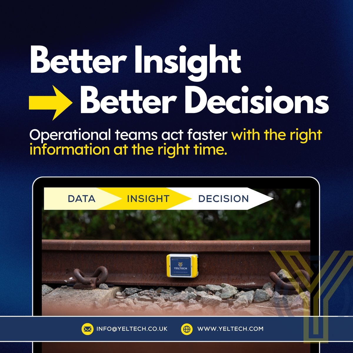 Yeltechltd's tweet photo. Data is only valuable when it drives action.

With the right insights at the right time, teams can improve safety, reduce downtime, and increase reliability.

That’s the power of turning data into decisions.

#IoT #RailTech #PredictiveMaintenance #SmartInfrastructure https://t.co/RY01ThyJ0g
