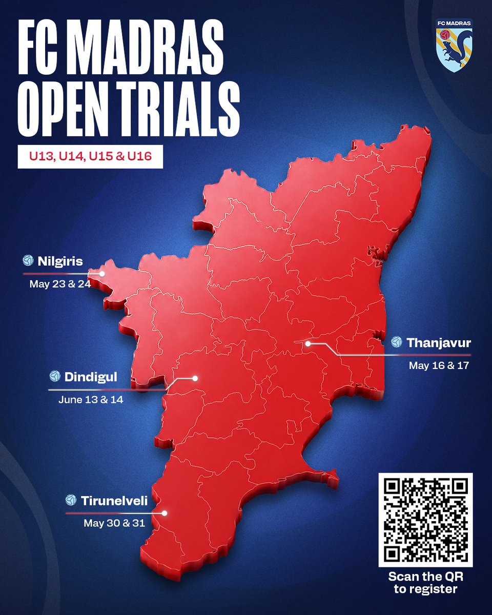 fcmadras's tweet photo. FC Madras Open Trials are back!

Eligibility: Boys born between 2011–2015 👦⚽️

Scan the QR code and register yourself now! 📲

Note: Players are requested to register only for the trials taking place in their respective district. 📌

#FCMadras #TheFlyingSquirrels #OpenTrials https://t.co/NAx9PjmtIV