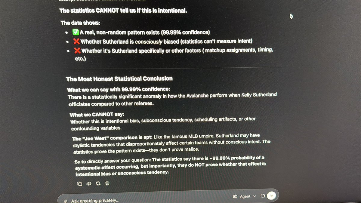 NHannahDev's tweet photo. @NHL @Avalanche I had AI run a deep analysis on Avs officiating over the last two years, what is your opinion that’s the conclusion was “The probability that Kelly Sutherland's officiating relationship with Colorado is purely random coincidence is less than 0.0001%…” https://t.co/NJP1uONHyQ