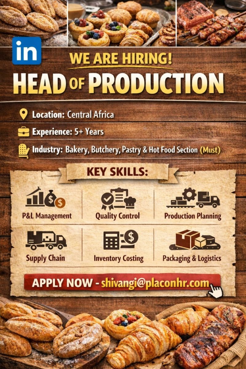 PLACONHR's tweet photo. Hey!! We are hiring for Head of Production.
If you are interested share your updated CV and Moe details below:-      

Current Loaction, Bakery Experience ,Industry,CTC, ECTC, Notice Period.

Lets connect on shivangi@placonhr.com .

#africa

#africajobs
#exploreafrica
#explore https://t.co/Zp4jccYHFB