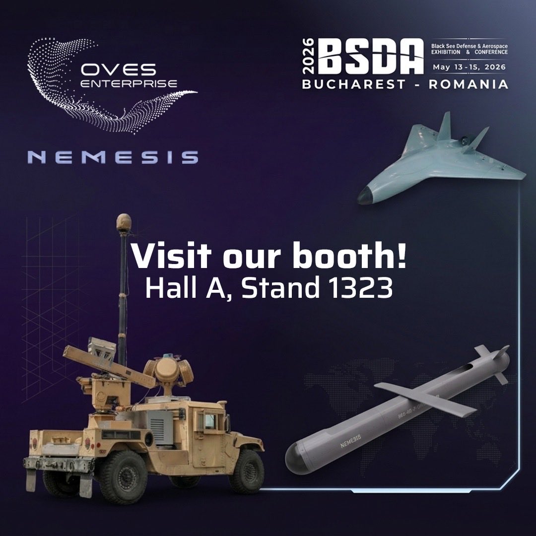 OvesEnterprise's tweet photo. BSDA 2026 starts Wednesday in Bucharest. Visit @OVESEnterprise at Booth 1323 to see AI integrated into advanced military systems, next-gen cruise missile innovation, counter-drone technologies, and Nemesis AI in action.

See you there. https://t.co/OGmNtXigYS