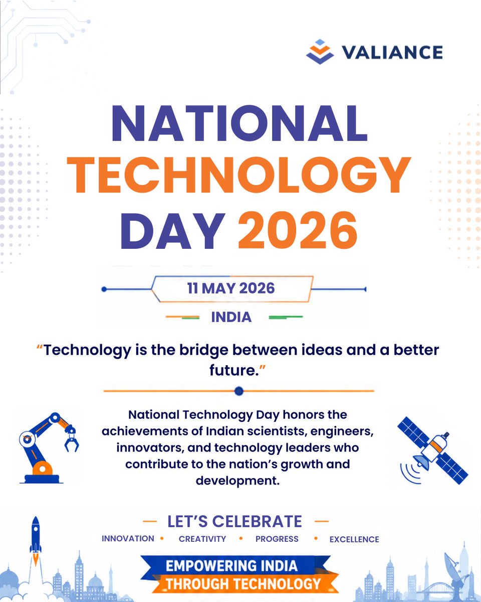 Valiance_S's tweet photo. “Science is a beautiful gift to humanity.” — A. P. J. Abdul Kalam"

On this National Technology Day, #valiance celebrate the innovators, engineers, and problem-solvers building smarter, safer, and more resilient industries for the future.

 #NationalTechnologyDay https://t.co/m59nTETWoq