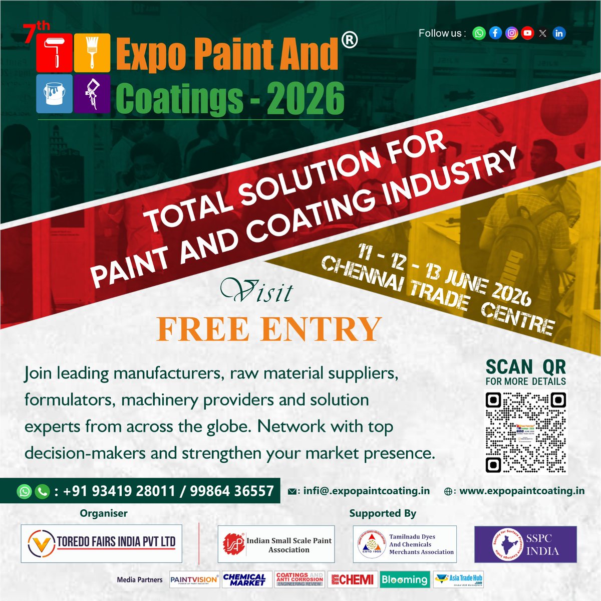 expopaintcoatng's tweet photo. ✨Just a Few Days Left!✨
🚀 The 7th Expo Paint &amp; Coatings 2026 is almost here!
📍 Chennai Trade Centre, 11–13 June 2026
🎨 India’s Premier Exhibition for Paints &amp; Coatings
#expopaintandcoatings2026 #epc2026 #paintindustry #coatingexpo #innovation #chennaitradecentre #fewdaysleft https://t.co/AIIuvkveYX