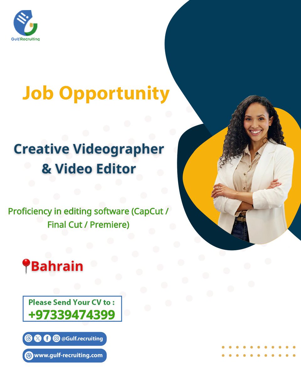 gulf_recruiting's tweet photo. 📢 Job Vacancy – Creative Videographer &amp; Video Editor | Bahrain 🇧🇭
• Experience in videography and creative video editing
Send your CV/Portfolio to:
📧 info@thesocialcompany.net
Or via WhatsApp:
📱 +97339474399
#BahrainJobs #VideographerJobs #VideoEditor #gulfrecruiting #فرص_عمل https://t.co/jLgMNGcHrW