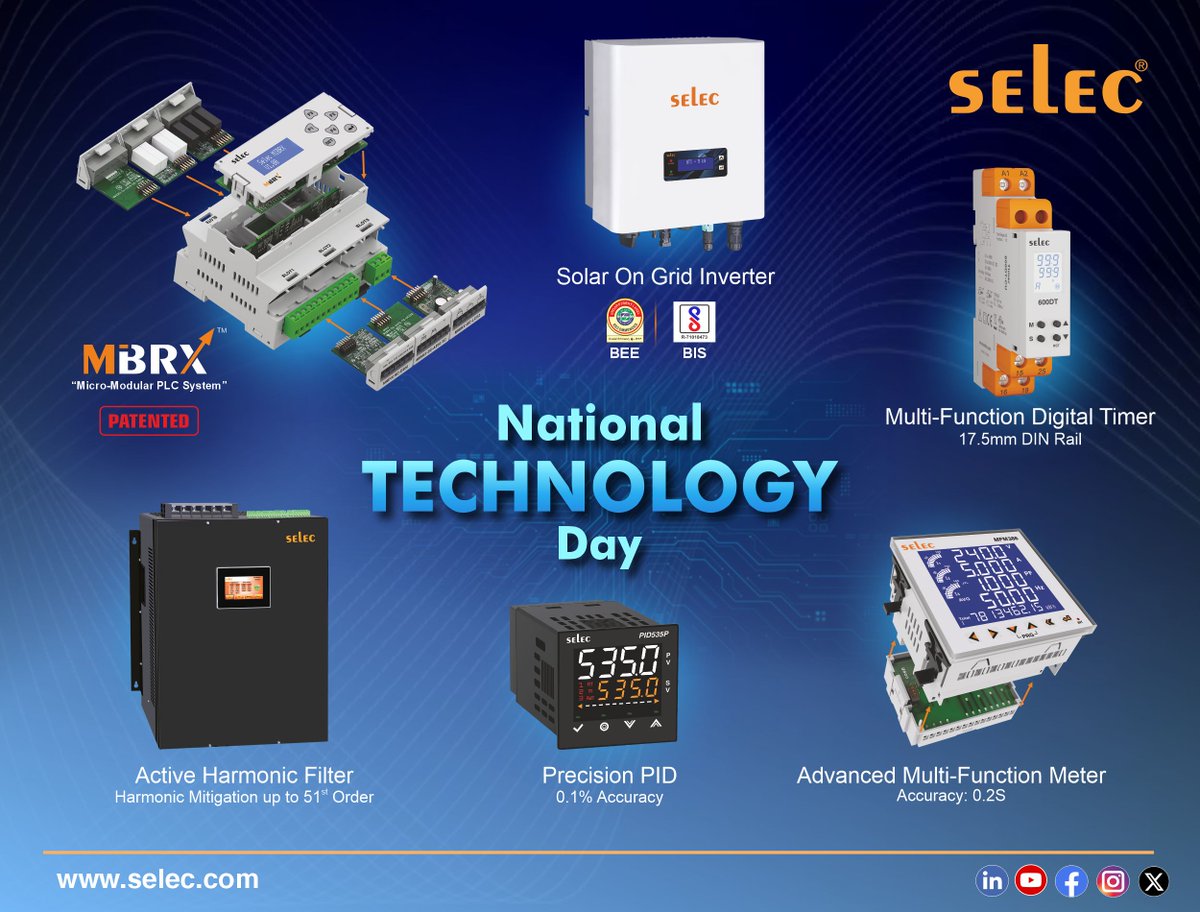 SelecControls's tweet photo. Happy National Technology Day!

At Selec, we take pride in the 'Vocal For Local' movement, designing &amp; engineering world-class products right here in India.  Today, we salute visionaries transforming India with homegrown solutions.

#NationalTechnologyDay #MadeInIndia #Selec https://t.co/ROegVAkoIr
