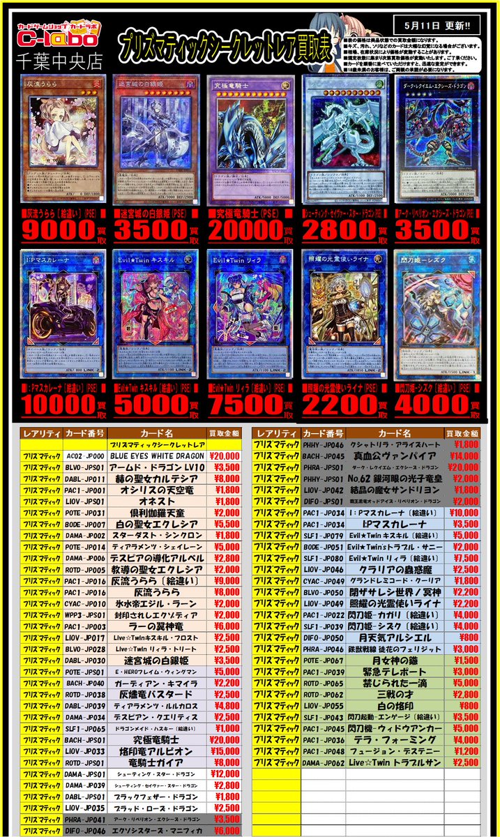 遊戯王OCG 買取情報】 プリズマティックシークレット買取表更新