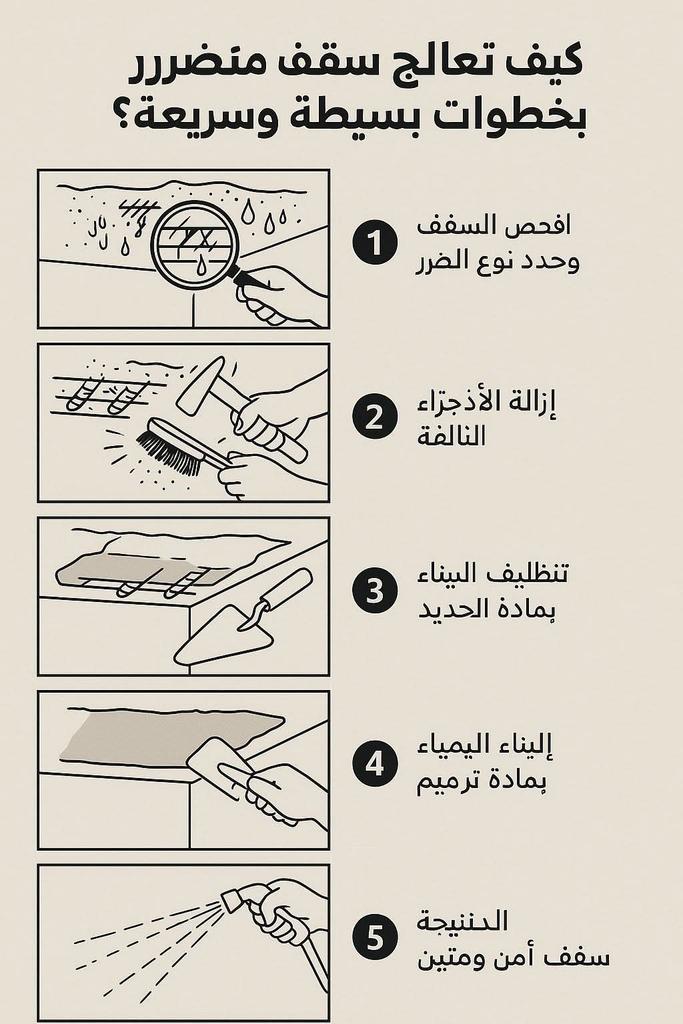 eiad_sbry's tweet photo. كيف تعالج سقف متضرر بخطوات بسيطة؟
1️⃣فحص السقف وحددالضرر
هل صدأشروخ اوتسريب
2️⃣إزالةالأجزاءالتالفةللخرسانةالضعيفة لحدماتوصل جزءسليم
3️⃣تنظيف ومعالجةحديدالصدأجيدًا وادهن حديدالتسليح بمادةمضادةللتآكل
4️⃣إعادةالبناءبمادة ترميم مناسبةومونةإصلاح قويةومتوافقةللخرسانةالقديمة
5️⃣معالجةبالمياه https://t.co/6ihkRhMNOD