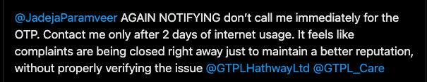 Pooldtrident's tweet photo. This has been one of the worst service experiences I’ve had. I clearly informed your team not to call me for OTP verification for the next two days, but one of your executives has continued calling repeatedly and asking for the OTP again and again @JadejaParamveer @GTPL_Care https://t.co/UFdYikgIkL