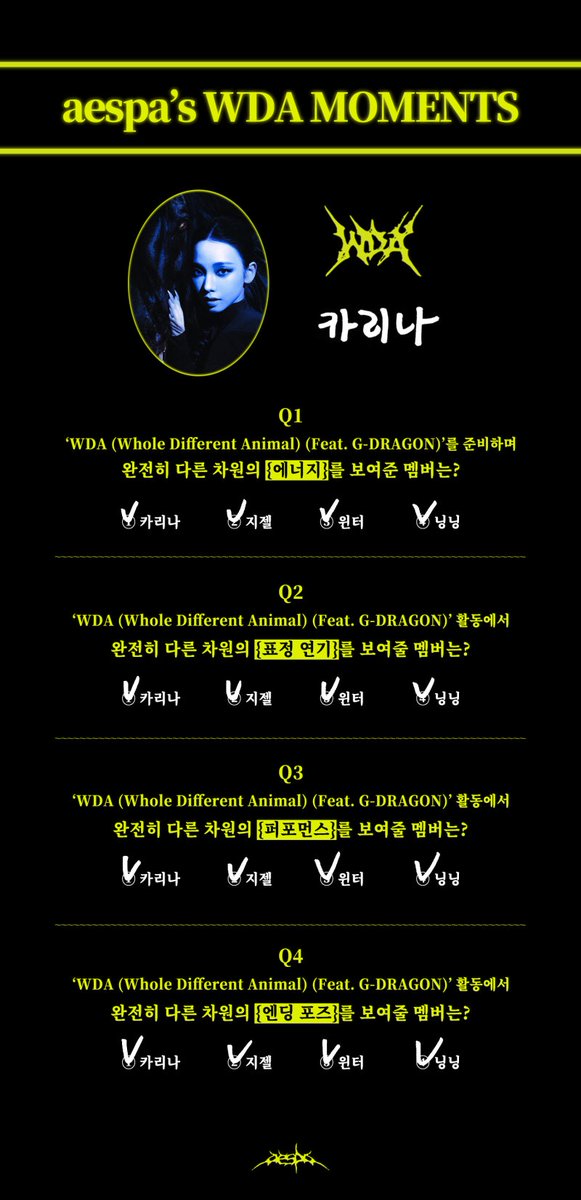 winteraphy's tweet photo. aespa's WDA moments

1. While preparing “WDA” which member brought a whole different level of energy?
💙: All
🌙: Winter
⭐️: All
🦋: Ningning

2. During the “WDA” promotions, which member is going to deliver a whole new level of facial expressions on stage?
💙: All
🌙: Ningning
⭐️: All
🦋: Ningning

3. During the “WDA” era, which member is going to deliver a whole different level of performance?
💙: All
🌙: Karina
⭐️: All
🦋: Ningning

4. During the promotions for “WDA” which member will showcase a next-level ending pose?
💙: All
🌙: Giselle
⭐️: All
🦋: All