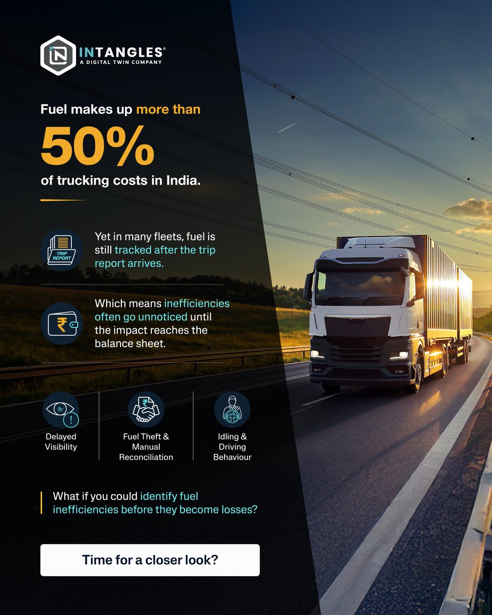 intangles's tweet photo. Most fleets know their fuel numbers are off.

The real problem? By the time reports show it, the losses are already locked in.

Fuel costs are controlled in motion, not after the truck parks. That’s how hidden fuel leakage starts.

See it in real time: https://t.co/FwMsU78J20 https://t.co/BCRBpPuLxP