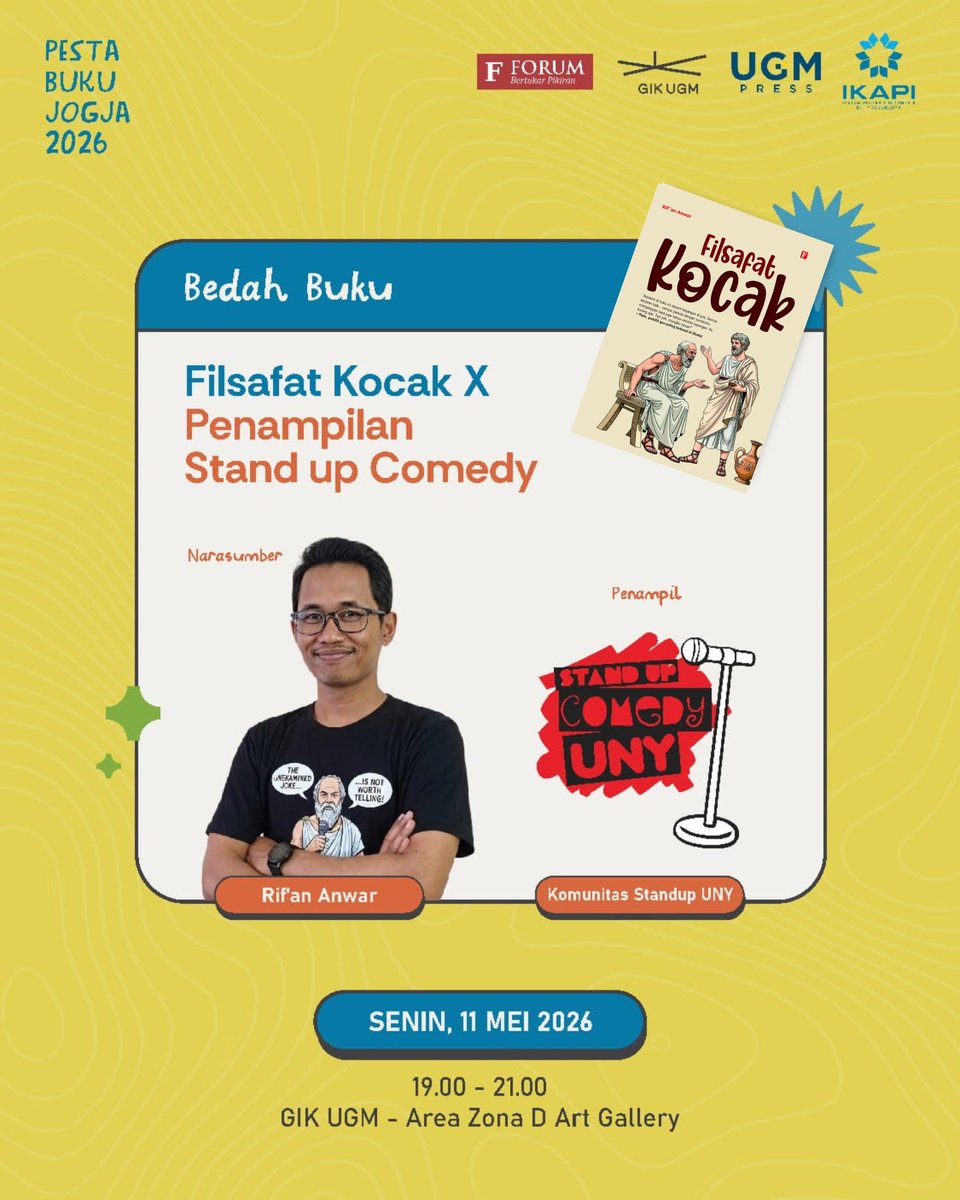 Penerbit_Forum's tweet photo. #Agenda
Bedah buku "Filsafat Kocak" X Perform Stand up Comedy

Senin, 11 Mei 2026
19.00 WIB
#PestaBukuJogja , GIK UGM https://t.co/LMqm1IZsZr