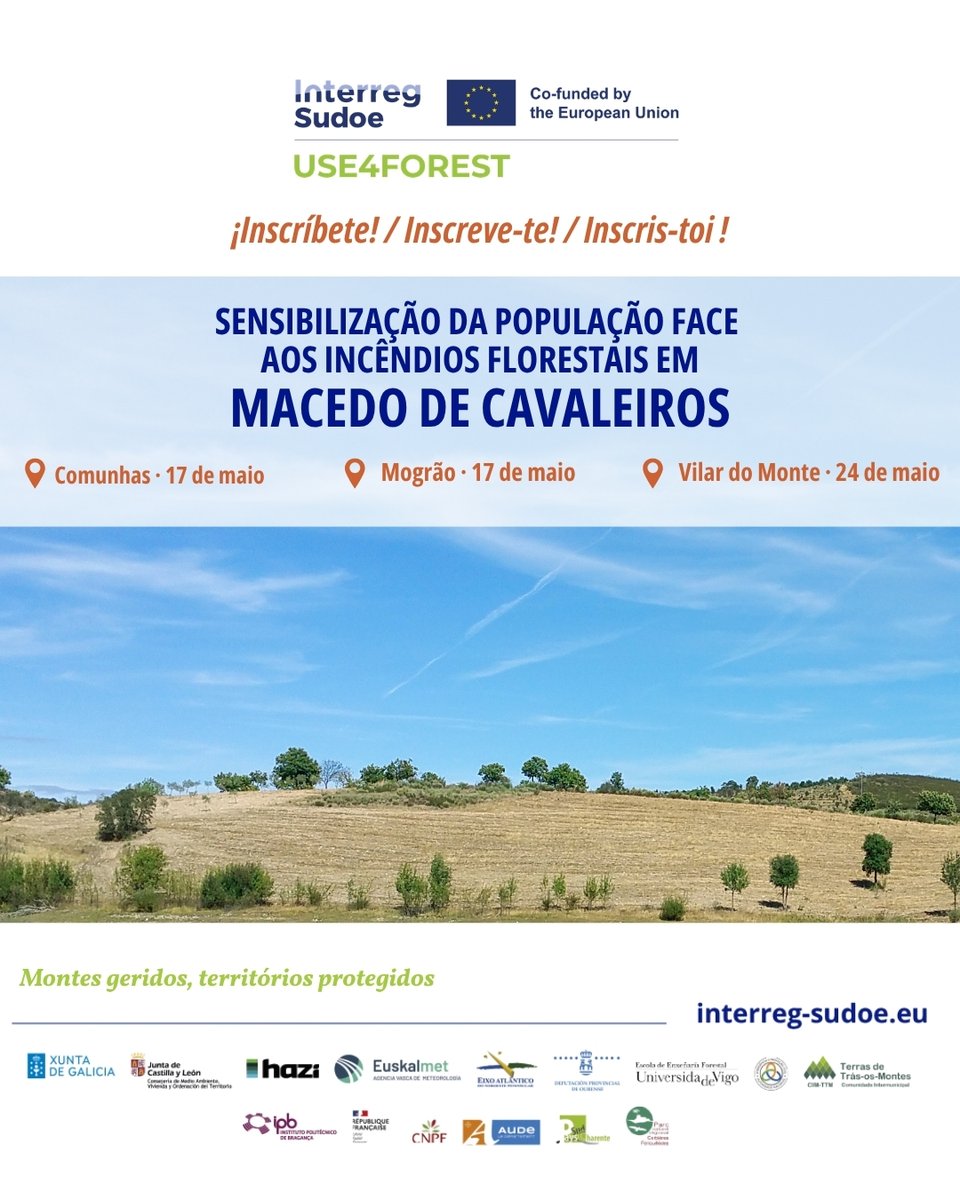 ForestUse470591's tweet photo. 🔥 Acciones de sensibilización en Macedo de Cavaleiros. ¡Apúntate! ✍🏼

Formaciones presenciales sobre el uso del fuego y medidas de prevención y autoprotección.

📍 Comunhas. 17 mayo
📍 Mogrão. 17 mayo
📍 Vilar do Monte. 24 mayo

✉️ Apúntate enviando un correo a: geral@cim-ttm.pt https://t.co/fuMWq7JHzQ