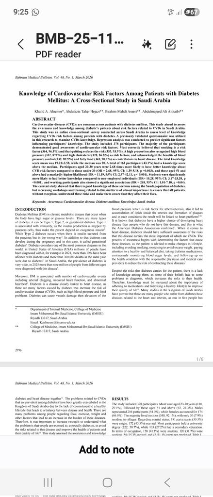 ALNEMERK's tweet photo. الحمد لله تم نشر بحثنا العلمي بعنوان:
Knowledge of Cardiovascular Risk Factors Among Patients with Diabetes Mellitus: A Cross-Sectional Study in Saudi Arabia. 
وترجمته:
مدى معرفة مرضى السكري بعوامل خطورة أمراض القلب والشرايين: دراسة مقطعية في المملكة العربية السعودية.
وهو بحثٌ يُسلّط الضوء على وعي مرضى السكري بعوامل الخطورة القلبية وأهمية التثقيف الصحي في الوقاية من أمراض القلب والشرايين.
أتقدم بخالص الشكر والتقدير لجميع الزملاء الباحثين المشاركين في هذا العمل العلمي ولكل المرضى الذين ساهموا بالمشاركة في الدراسة؛ فلولا تعاونهم بعد توفيق الله لما خرج هذا البحث للنور.
كما أسأل الله أن ينفع به وأن يكون إضافةً علميةً تسهِم في رفع الوعي الصحي وتحسين جودة الرعاية الوقائية في مجتمعنا.