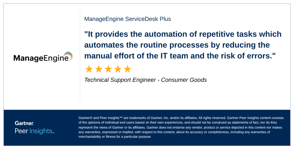 ME_ITSM's tweet photo. Technical Support Engineer in the Consumer Goods Industry gives ManageEngine ServiceDesk Plus 5/5 Rating in Gartner Peer Insights™ Software Asset Management Tools Market.

🔗 Read the full review here: https://t.co/925FGYbQvg

#gartnerpeerinsights https://t.co/EcBhv1VPiY